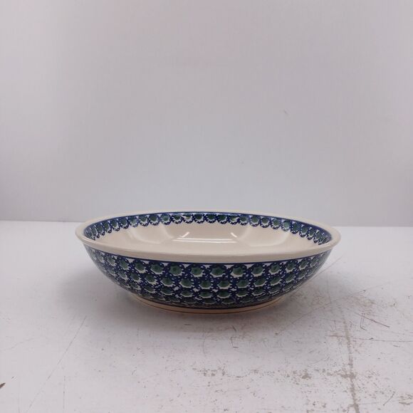 Boleslawiec Polish Pottery Blue Lattice With Green Dot Round Bowl 10.5" x 2.25" - Picture 4 of 12